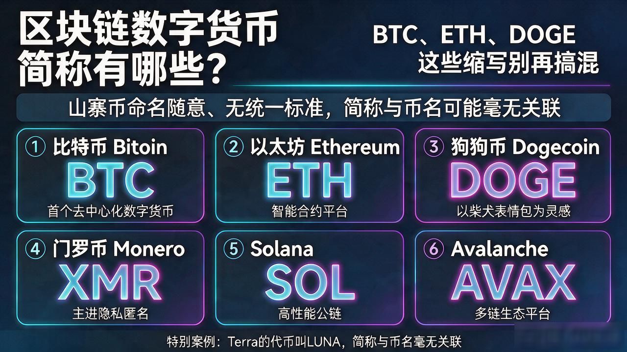 区块链数字货币简称有哪些？BTC、ETH、DOGE这些缩写别再搞混